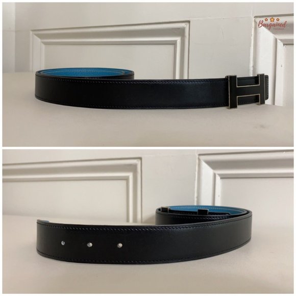 Authentic HERMES Black Smooth & Blue Pebbled Leather H Black Reversible Belt 85 main image 11